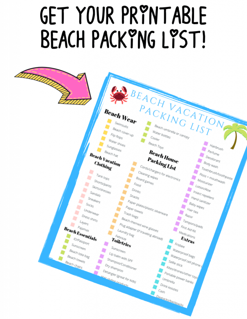 Image that says get your printable beach packing list.