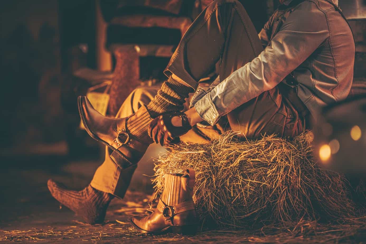 Cowboy in the barn wearing boots while sitting on a pile of hay.