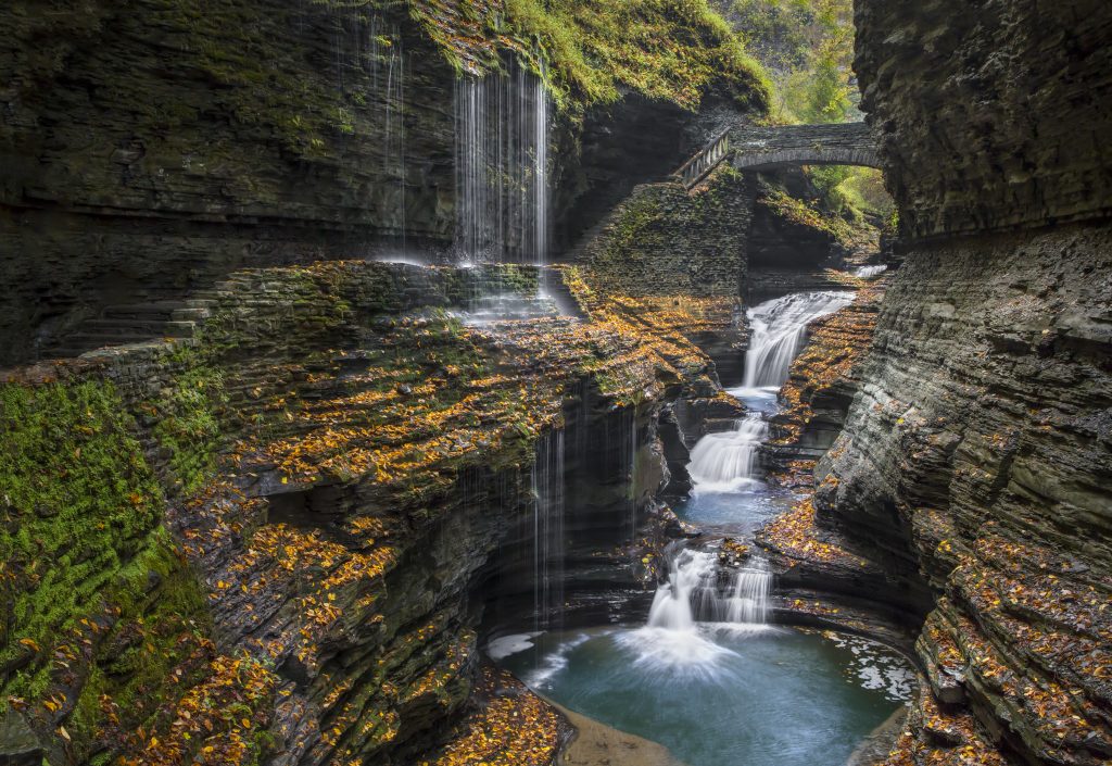 A tall waterfall crashes down into a pool of water in a moody forest.