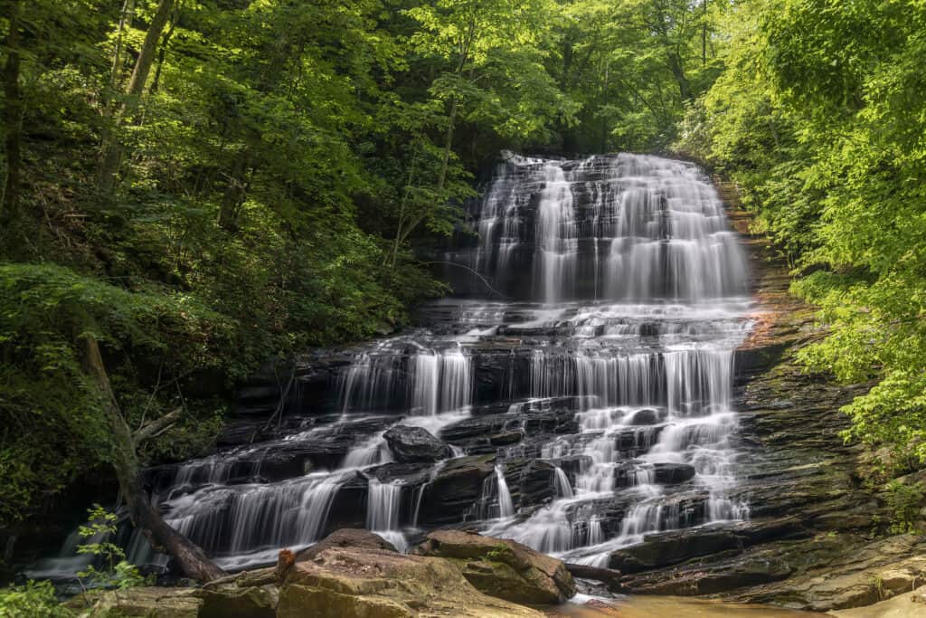 A big, wide waterfall crashes down a rock wall in a green forest.