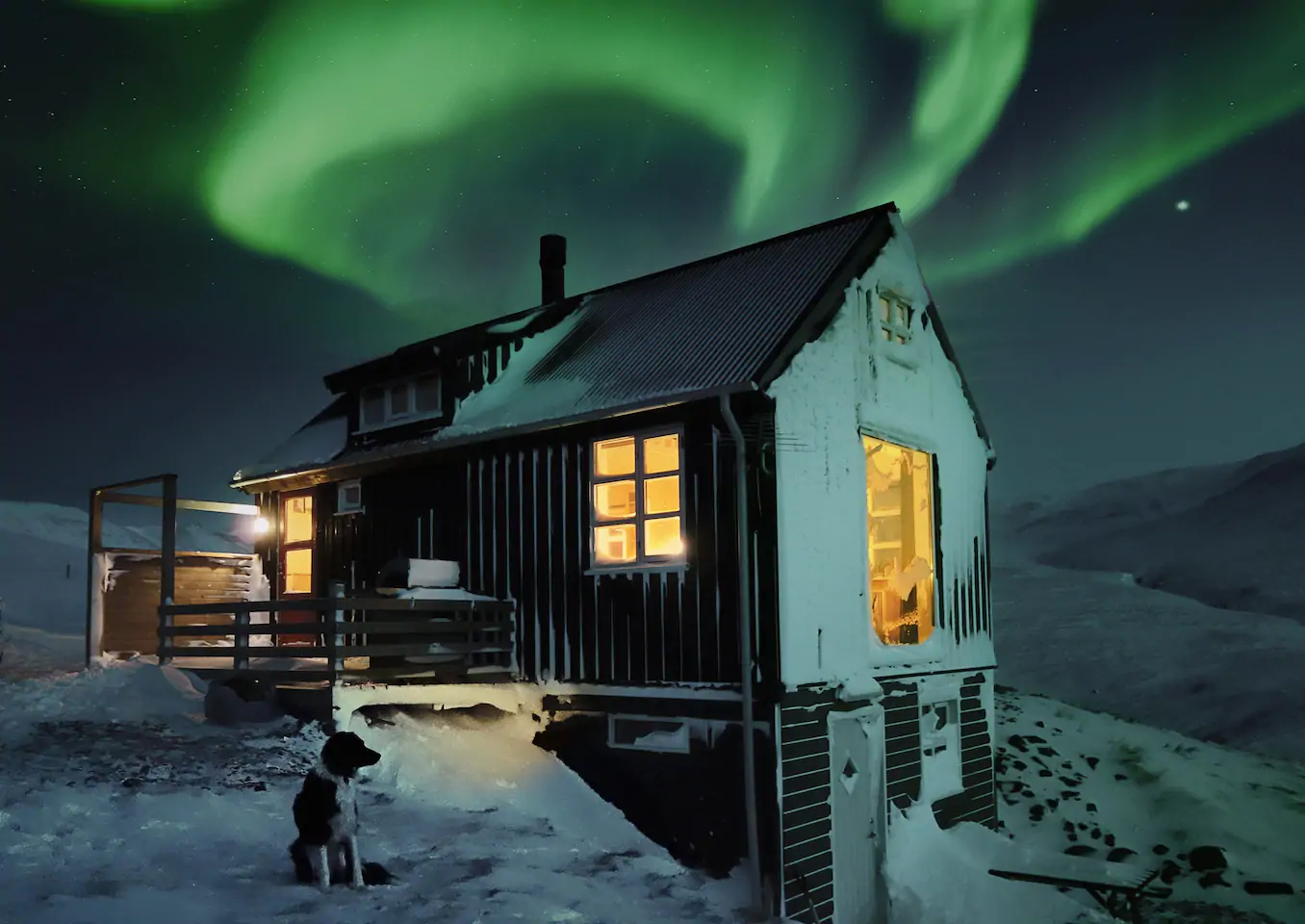 A cabin-like home under the northern lights covered in snow. A dog sits in front.