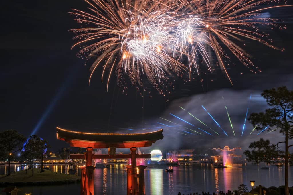 Fireworks in the sky over a body of water.