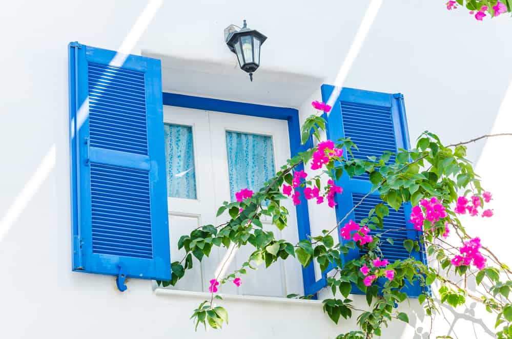 Close up of a window with blue accents.