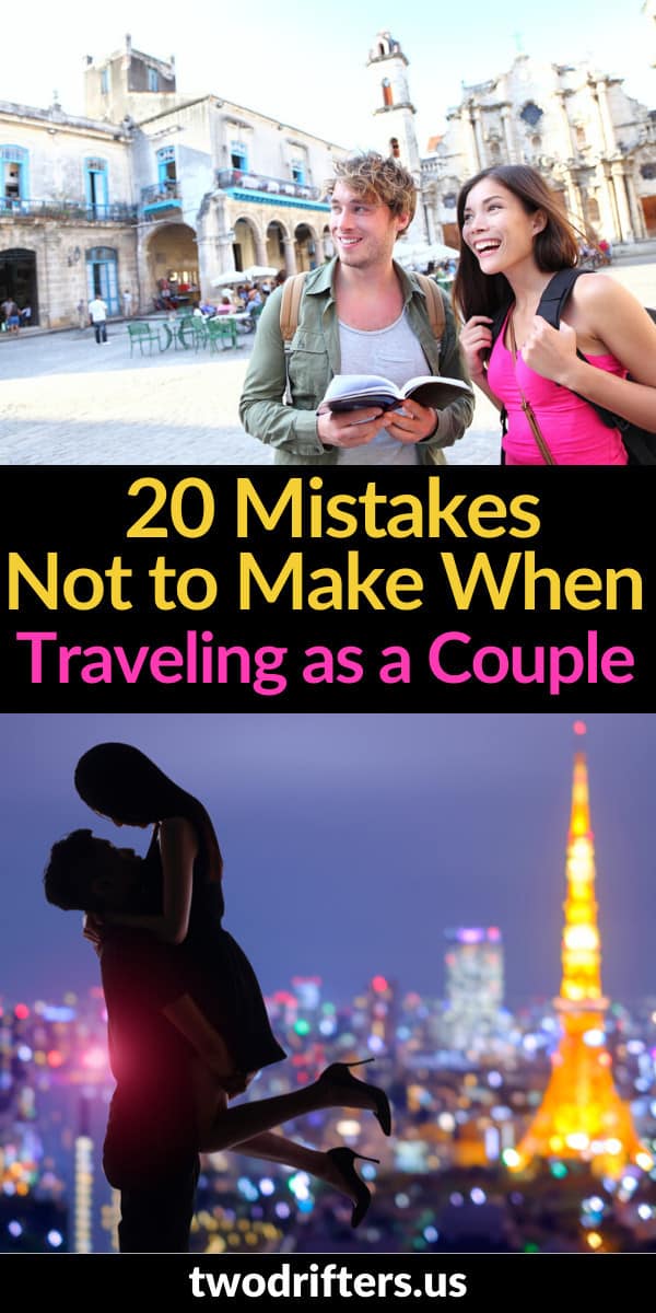 Pinterest social share image that says "20 mistakes not to make when traveling as a couple."