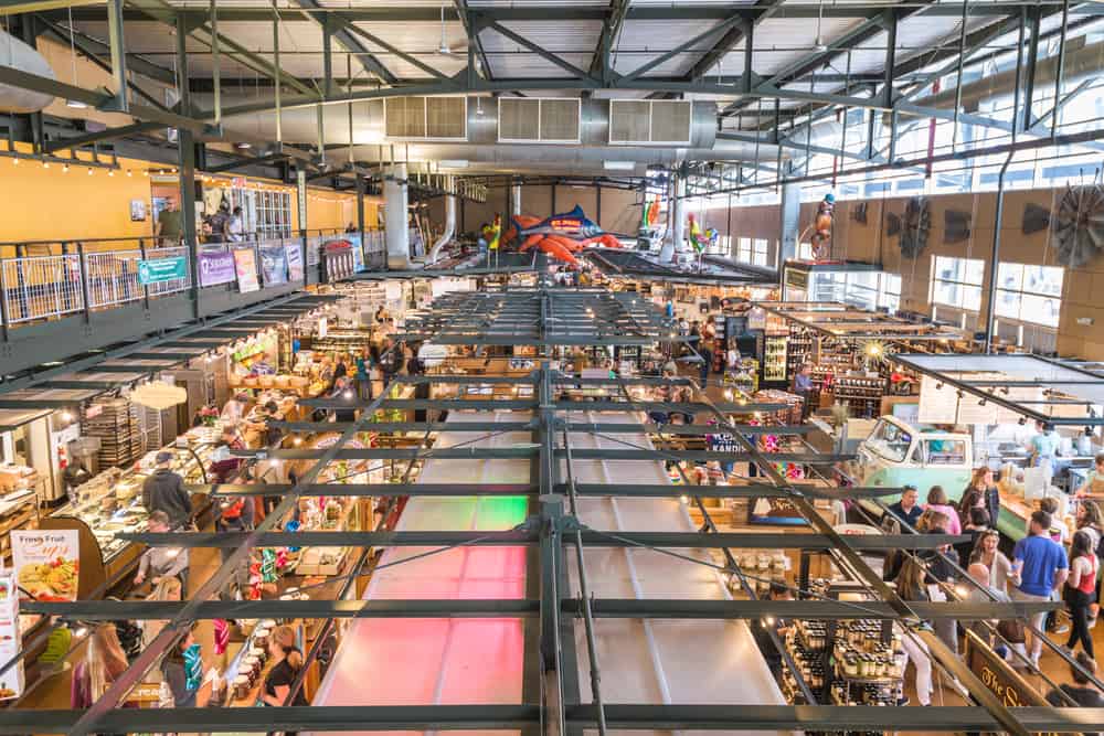 View from above of shoppers in a market.