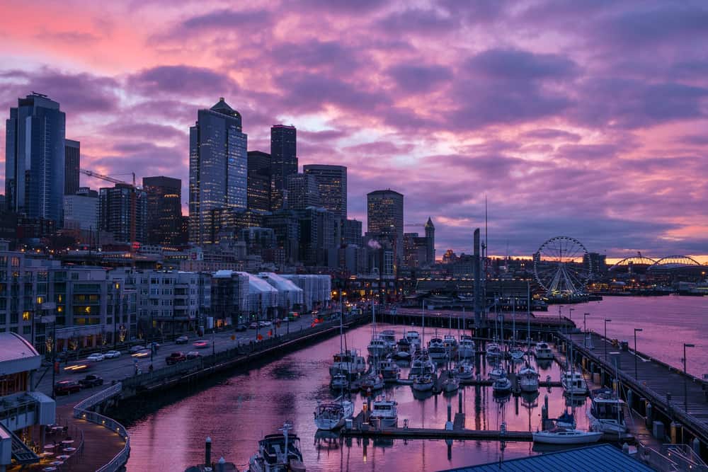 Boats are floating in a marina with a city skyline lit up behind under a purple sky.