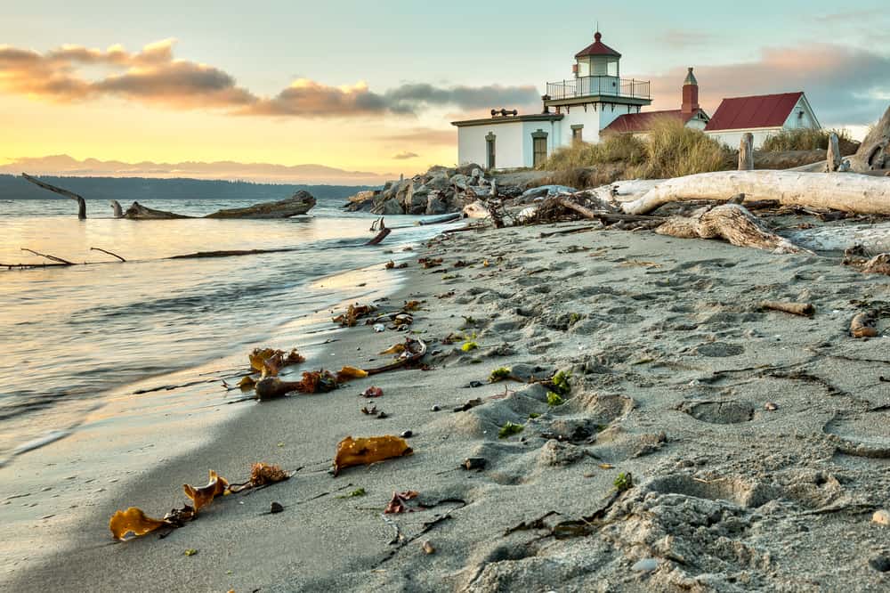 An empty sandy beach sits with waves rolling against the shore. In the background, the sky is blue and yellow.