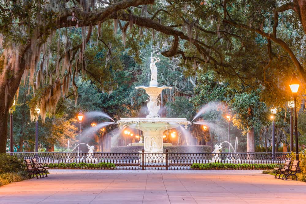 Forsyth Park, Brunnen in Savannah, Georgia, USA im Morgengrauen