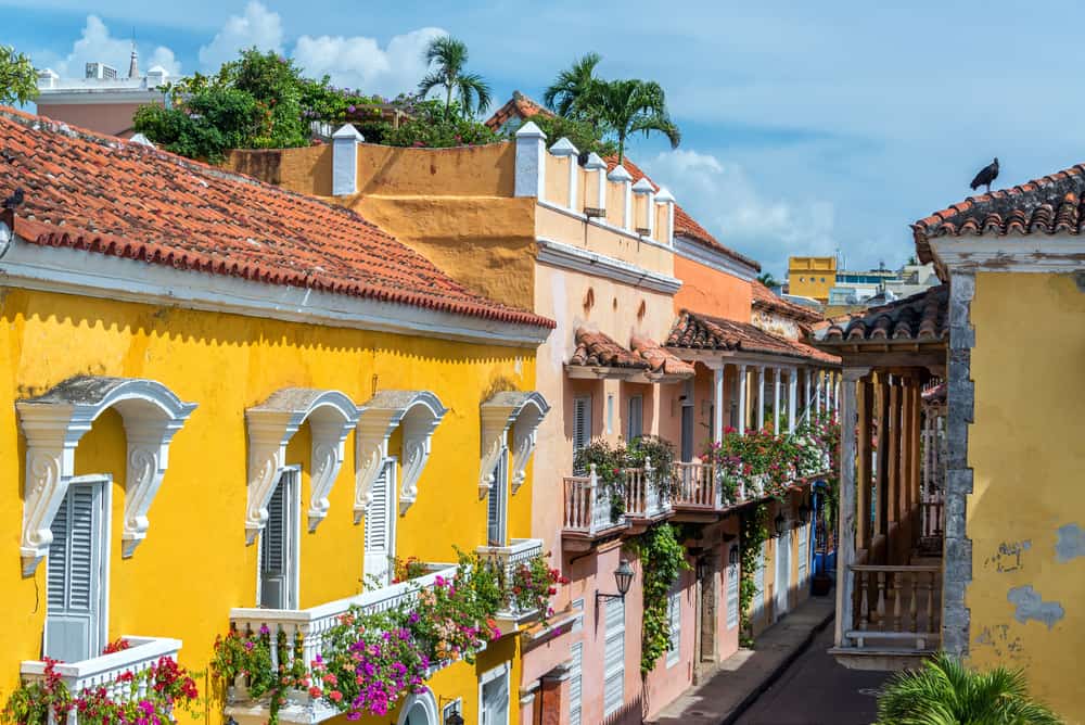 Colonial buildings and balconies in the historic center of a town.