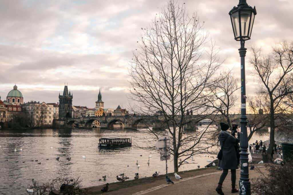 People walking around near the waterfront under a grey sky. Birds are in the water.