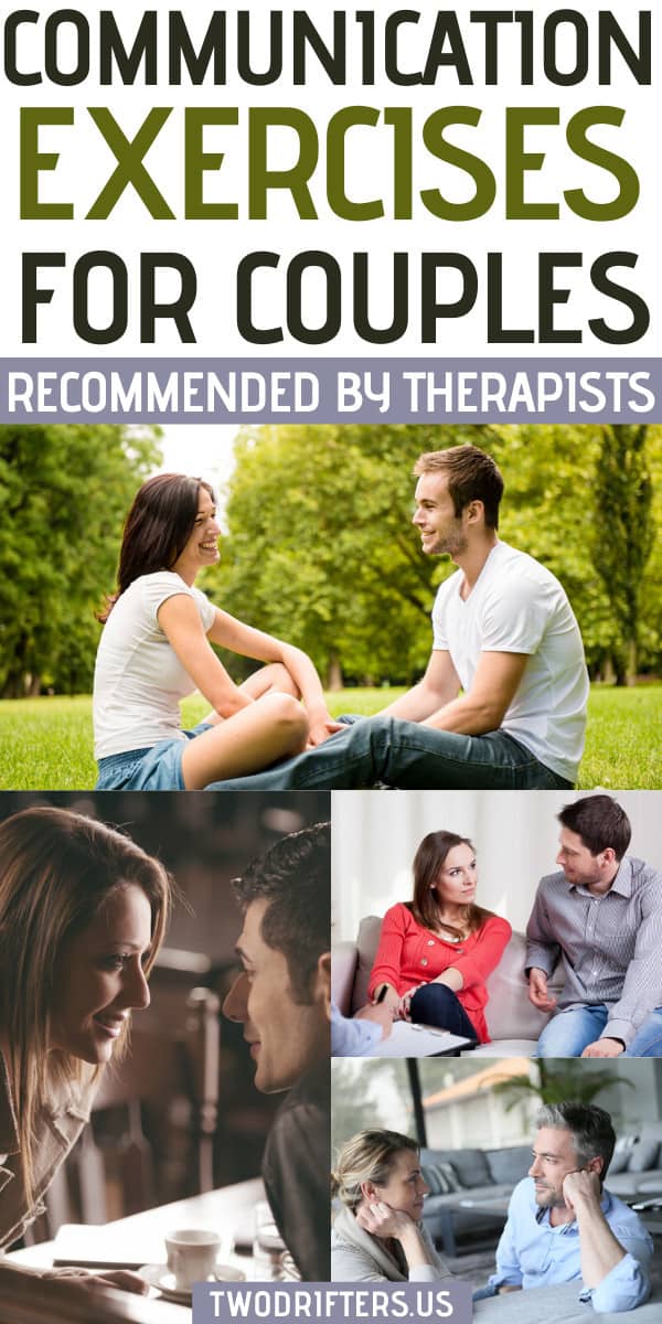 Pinterest social share image that says "Communications Exercises for Couples Recommended by Therapists."