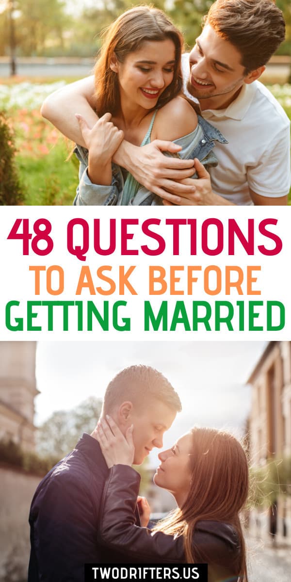 Pinterest social share image that says "48 Questions to Ask Before Getting Married."