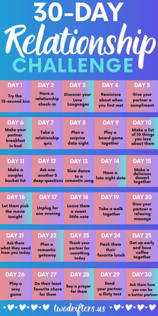 An image says 30 Day Relationship Challenge and lists out what to do each day.