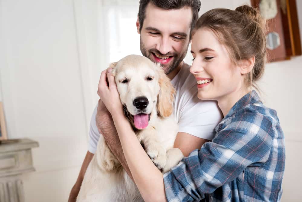 A couple hugs while holding a dog.