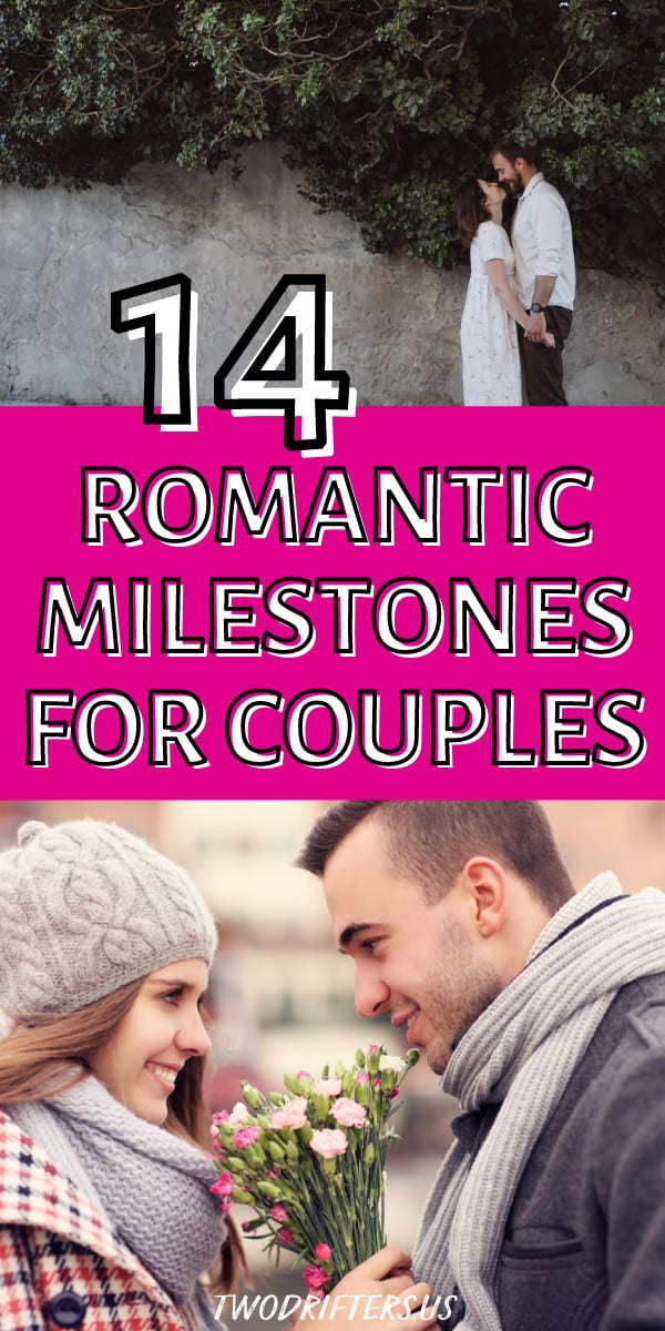 Pinterest social share image that says "14 Romantic Milestones for Couples."