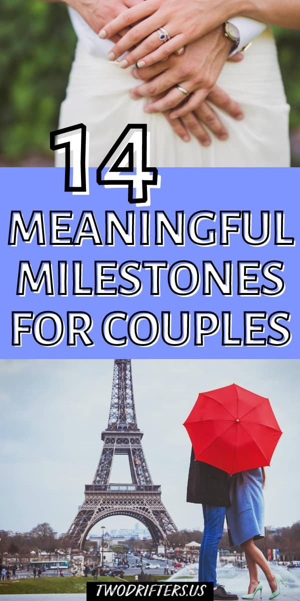 Pinterest social share image that says "14 Meaningful Milestones for Couples."