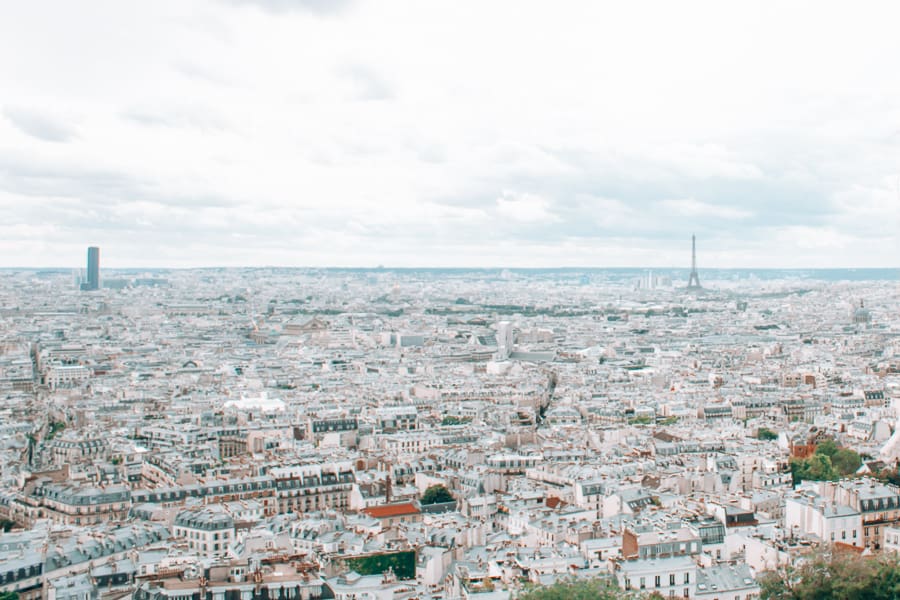 View of the entire city of Paris with the Eiffel Tower standing tall in the background.