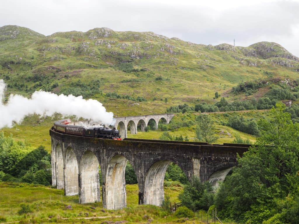 A train on a viaduct goes through a mountainous area.