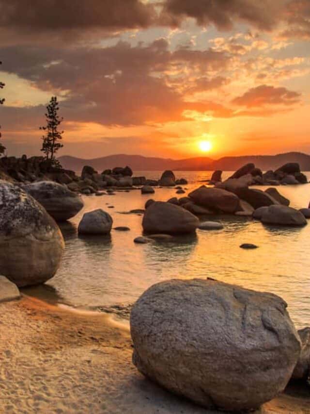 romantic things to do in lake tahoe - beautiful lake filled with rocks during a golden sunset