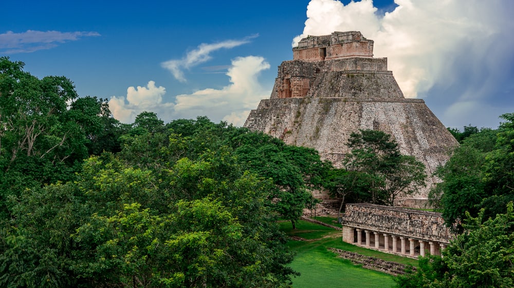 Large stone landmark surrounded by trees.