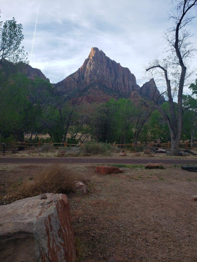 The view from across the street of a large rock formation with green trees in front of it. 