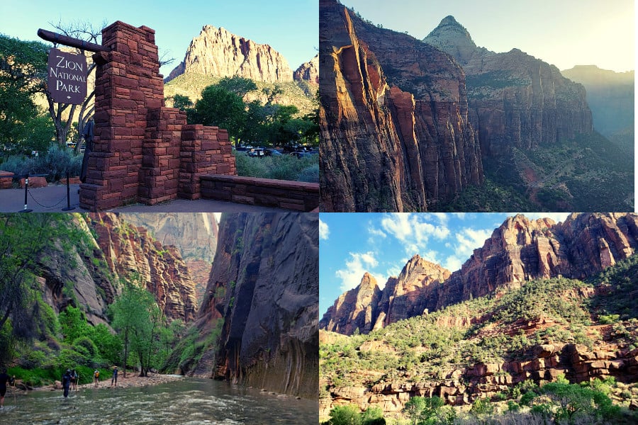 A collage of 4 different images of canyons views from viewpoints and the bottom of the canyon.