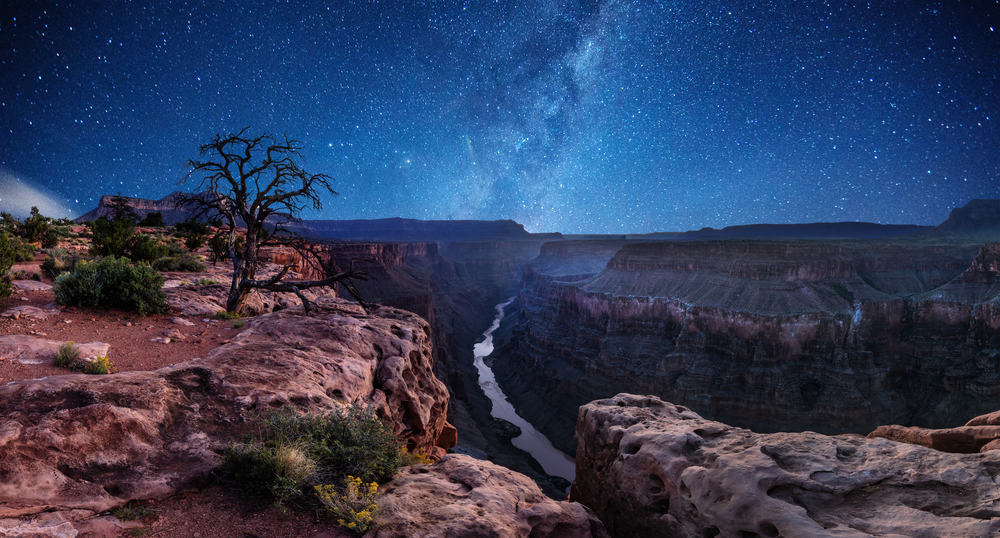 A starry night sky is seen over a canyon with a river splitting it in two.