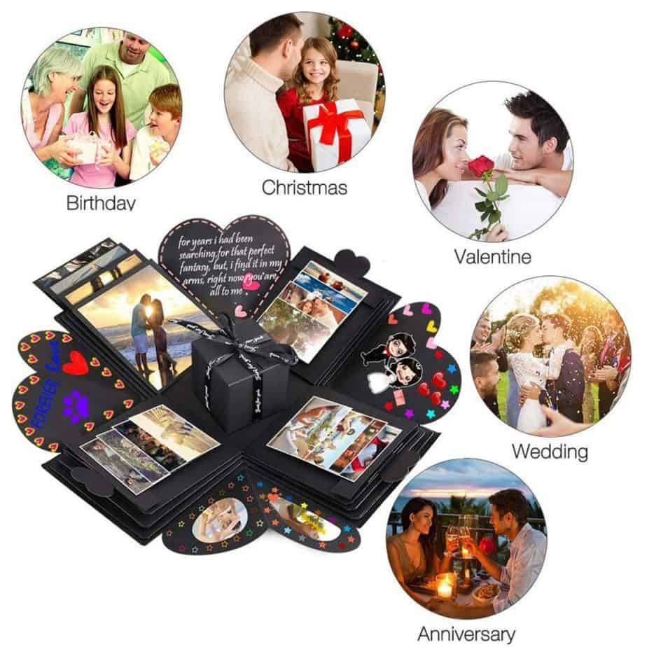 Image of a box that shows many photos. Words on the image say birthday, Christmas, Valentine, wedding, and anniversary.