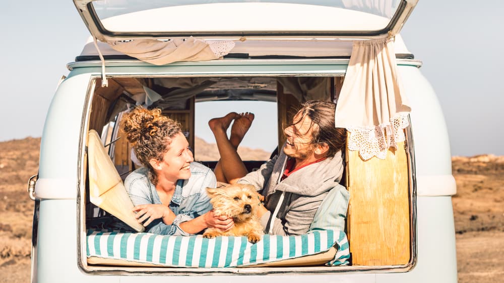 A couple laughs in the back of a van with a dog between them.