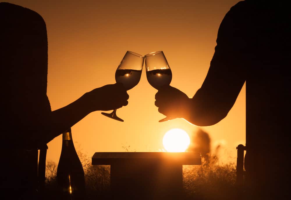 A couple toasts with wedding glasses at sunset