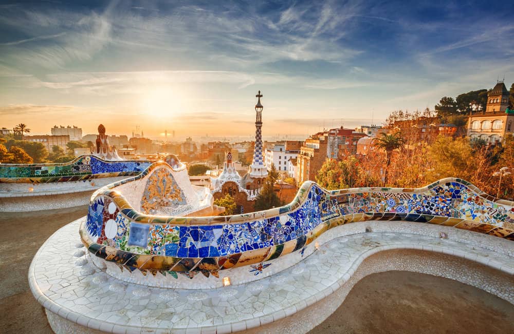 A view overlooking Barcelona from an overlook with a mosaic wall. 
