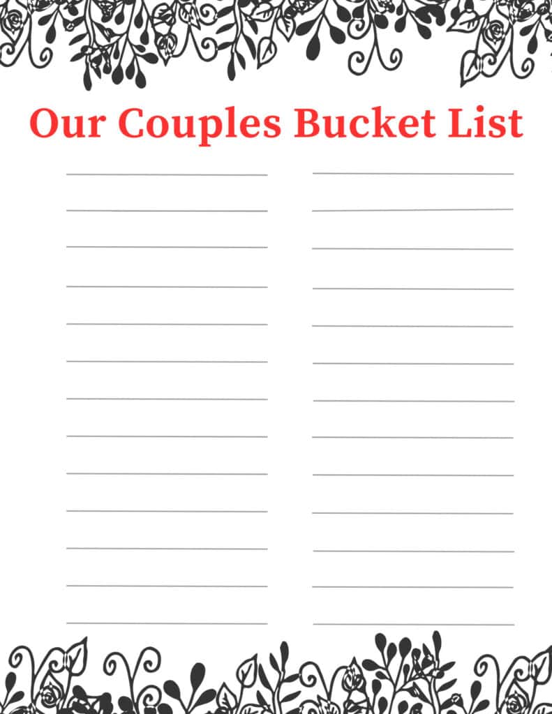 printable couples bucket list with blank spaces and cute black floral design