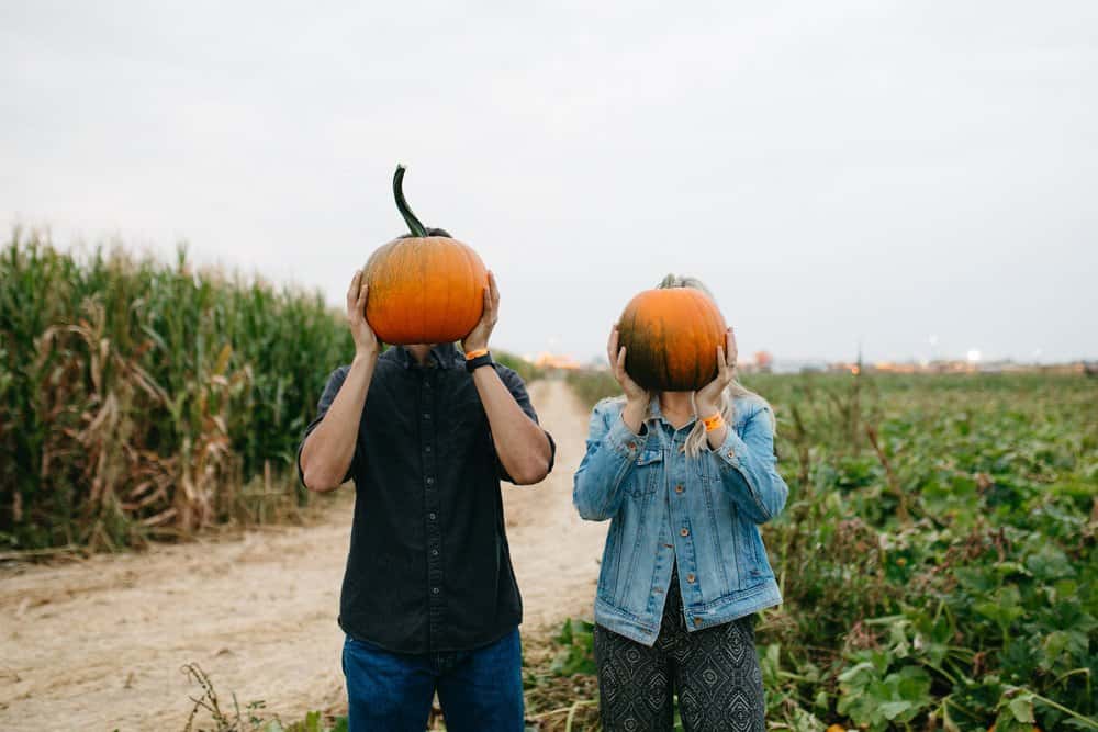 couple in a pumpkin patch holding pumpkins up in front of their faces - another great halloween date idea