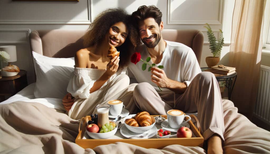 A couple shares Valentine date ideas with a cozy breakfast in bed, including a tray laden with croissants, fruit, and cappuccinos, in a sunny, inviting bedroom setting.