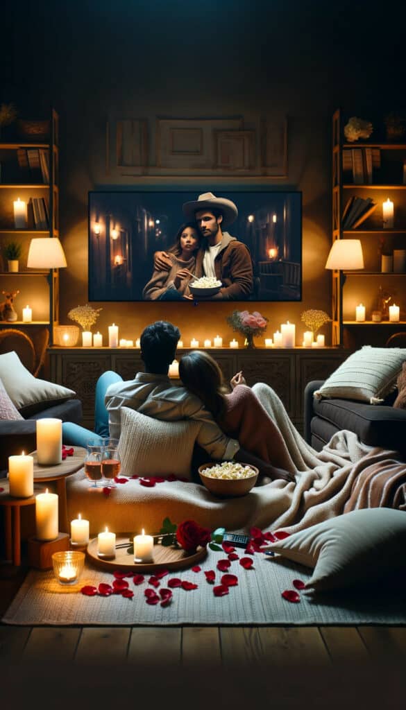 A couple cuddles under a blanket on a cozy movie night, one of the romantic things to do on Valentine's Day, surrounded by candles, rose petals, and a bowl of popcorn, with a film playing in the background