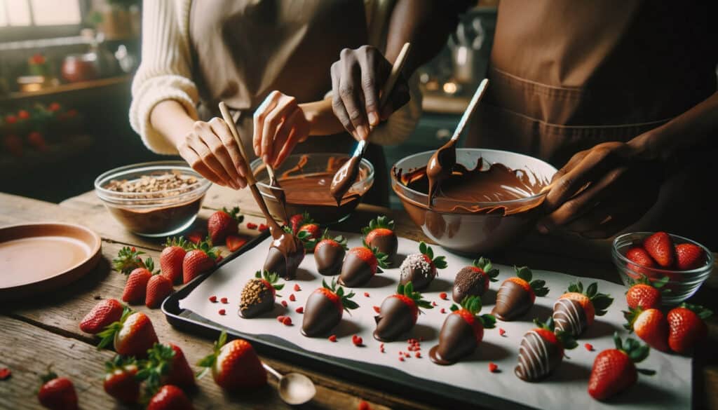 A couple engaged in Valentine's Day activities for couples, meticulously dipping strawberries into melted chocolate, surrounded by bowls of toppings and a rustic kitchen backdrop.