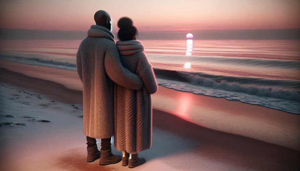 A couple wrapped in a blanket watches a serene sunset on the beach, a quintessential Valentine's Day date night idea, capturing a moment of intimacy and tranquility by the seaside