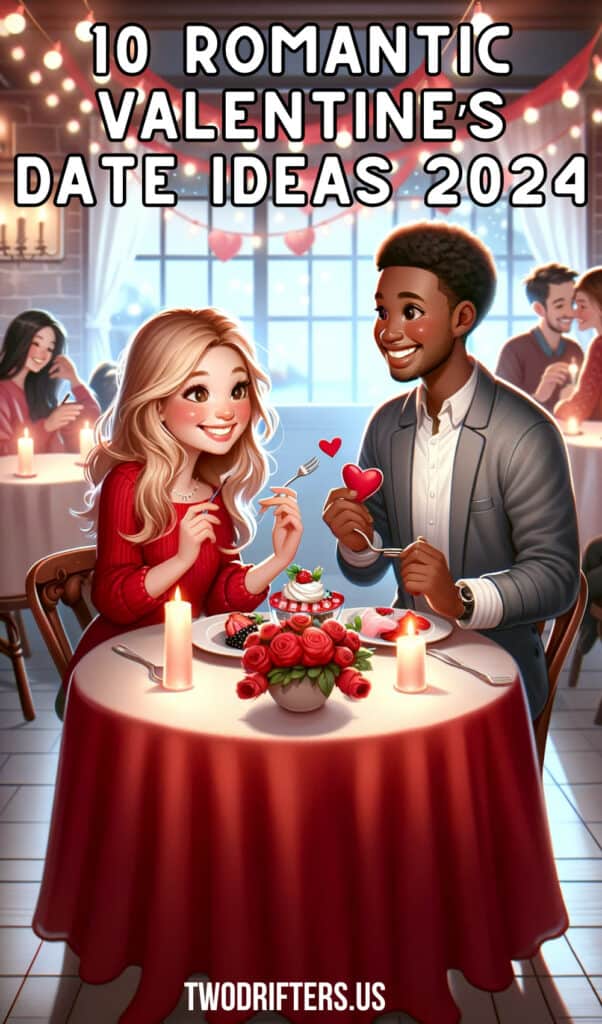 An animated couple smiles over a romantic dinner, a scene from '10 Romantic Valentine’s Date Ideas 2024' on TwoDrifters.us, capturing the essence of love with heart decorations and a cozy restaurant ambiance