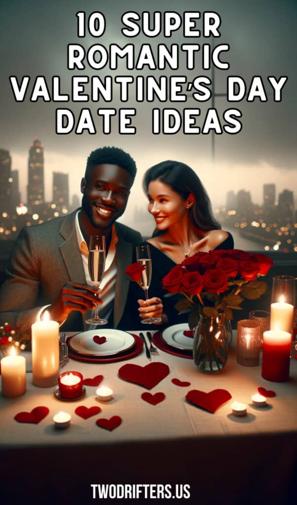 A joyful couple toasting champagne at a candlelit table with a city skyline backdrop, featured in '10 Super Romantic Valentine’s Day Date Ideas' from TwoDrifters.us