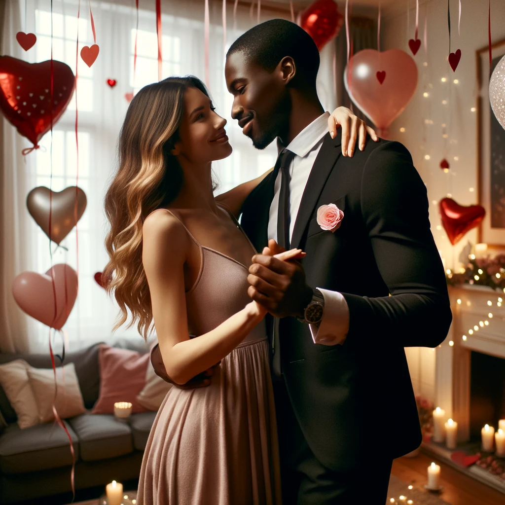 An elegantly dressed couple dances closely in a romantically decorated room with heart-shaped balloons and candles, a perfect Valentine's Day activity for married couples seeking a special night at home